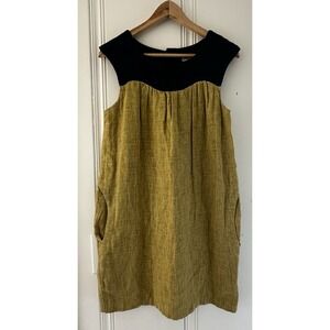 Final Touch Linen Blend Dress‎ S Mustard Shift Pockets Art Teacher Cottagecore